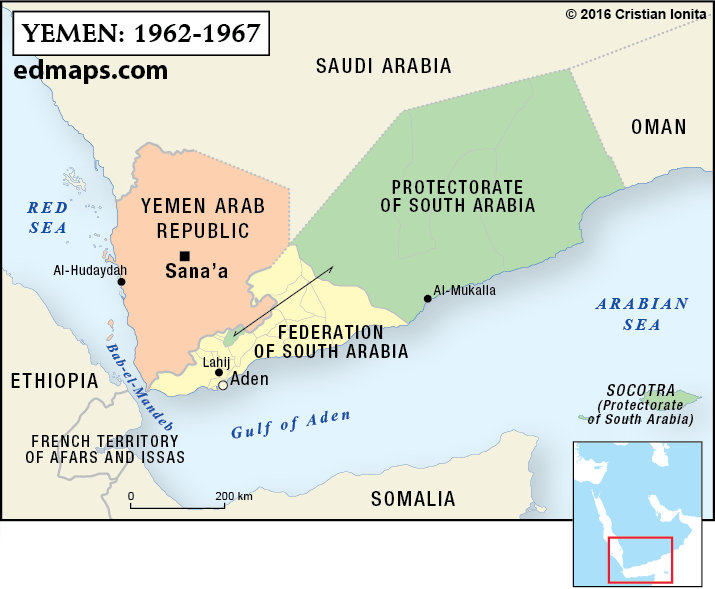Geopolitics: The Yemeni Crisis In Five Map. (1962_1967) In 1958, the Kingdom of Yemen joined the United Arab Republic (a union between Egypt and Syria) in a loose confederation named the United Arab States. In 1961 the confederation has been dissolved. In 1962, a republican coup d’État established the Yemen Arab Republic and marked the beginning of a long civil war (1962-1970).