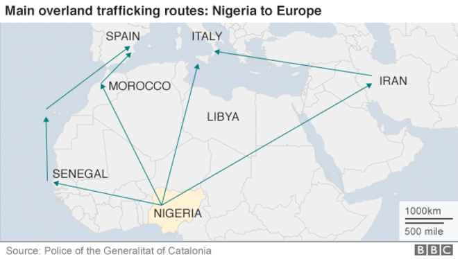 Map of the main overland trafficking routes: Nigeria to Europe.